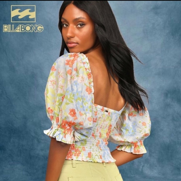 BILLABONG Feeling Groovy Smocked Puff Sleeve Crop Top NWT L - Picture 4 of 10